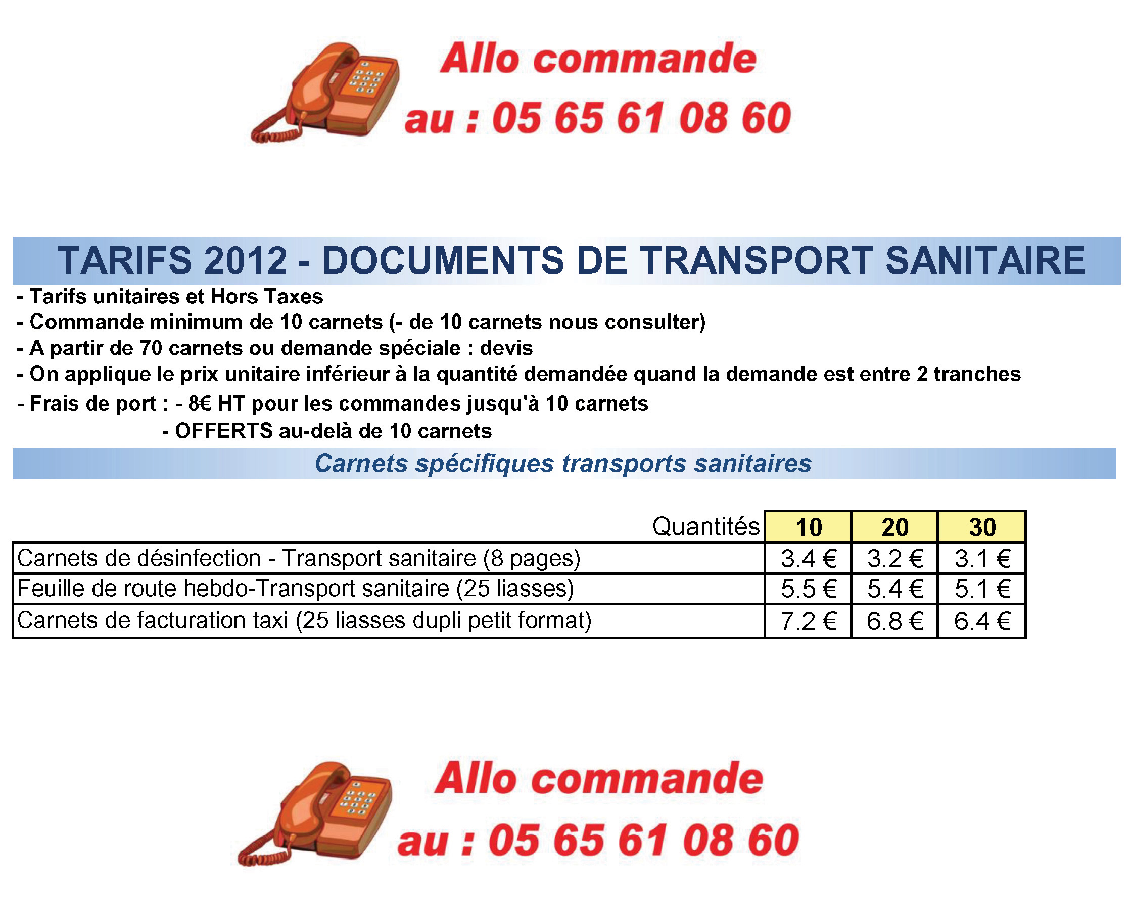 PRIX DIRECTS FABRICANT carnets et liasses Transports Sanitaires