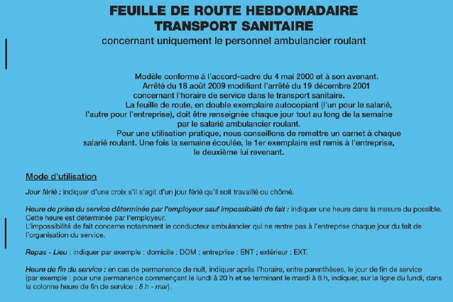 Carnet feuilles de route hebdomadaire Transport Sanitaire 